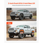 76.2 mm Front and 50.8 mm Rear Leveling Lift Kit for 2005-2021 2022 2023 Toyota Tacoma 2WD/4WD, Chassis Level Kit with 2 Front Strut Spacers, 2 Rear Lift Blocks, 4 U-Bolts, Suspension Level Kit