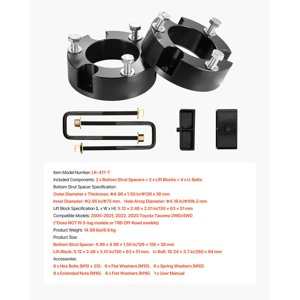 76.2 mm Front and 50.8 mm Rear Leveling Lift Kit for 2005-2021 2022 2023 Toyota Tacoma 2WD/4WD, Chassis Level Kit with 2 Front Strut Spacers, 2 Rear Lift Blocks, 4 U-Bolts, Suspension Level Kit