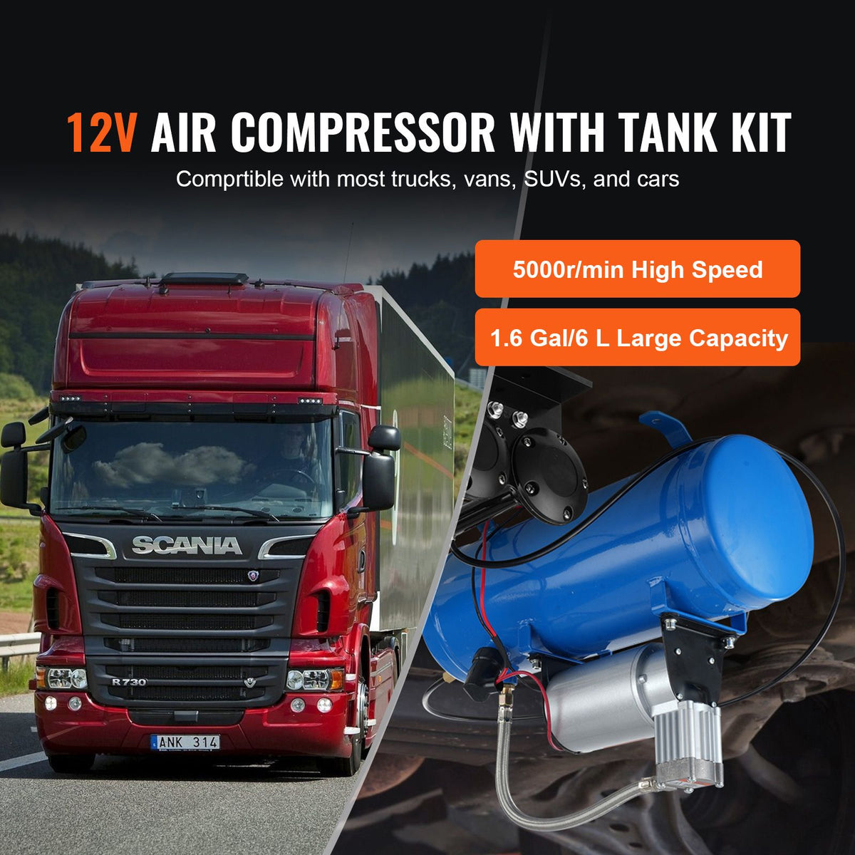 12V Air Compressor with Tank 1.6 Gallon/6 L, Train Horn Air Compressor, 120 psi Working Pressure Onboard Air Compressor System for Train Air Horns, Inflating Tires, Air Mattresses