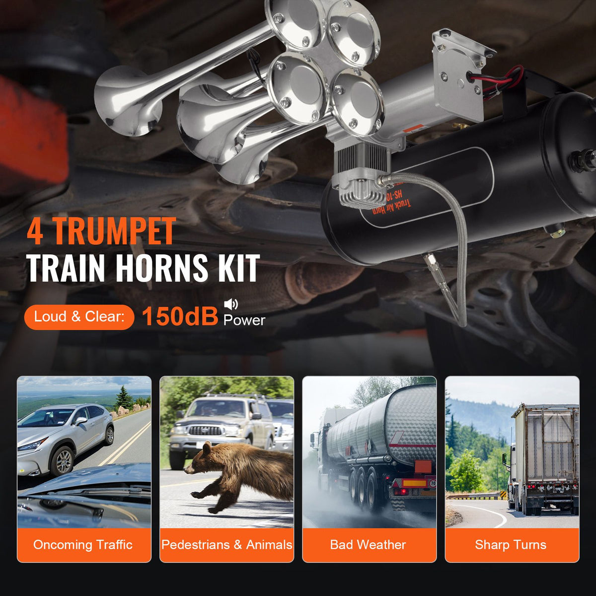Train Horns Kit, 4 Trumpet Air Horn Kit, 150dB Train Horns for Pickup Trucks, 12V 160 psi Air Compressor 2.6 Gal/10 L Tank with Gauge for Any 12V Vehicle Car Truck Train Van Boat