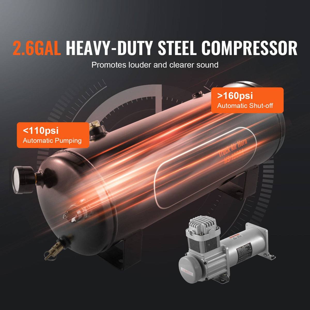 Train Horns Kit, 4 Trumpet Air Horn Kit, 150dB Train Horns for Pickup Trucks, 12V 160 psi Air Compressor 2.6 Gal/10 L Tank with Gauge for Any 12V Vehicle Car Truck Train Van Boat
