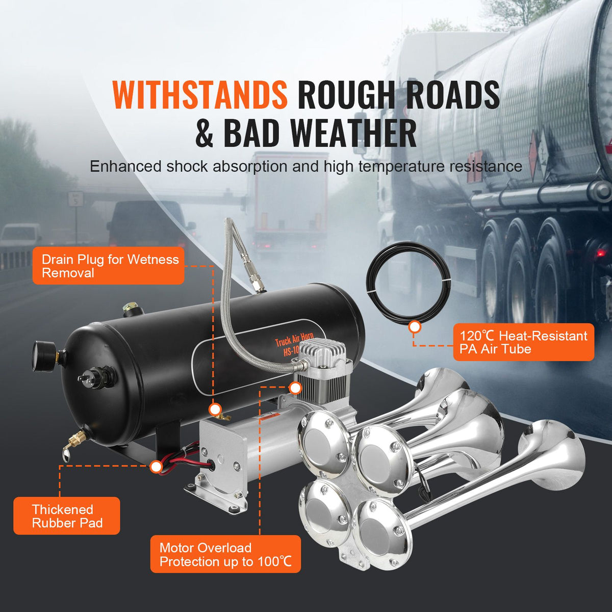 Train Horns Kit, 4 Trumpet Air Horn Kit, 150dB Train Horns for Pickup Trucks, 12V 160 psi Air Compressor 2.6 Gal/10 L Tank with Gauge for Any 12V Vehicle Car Truck Train Van Boat