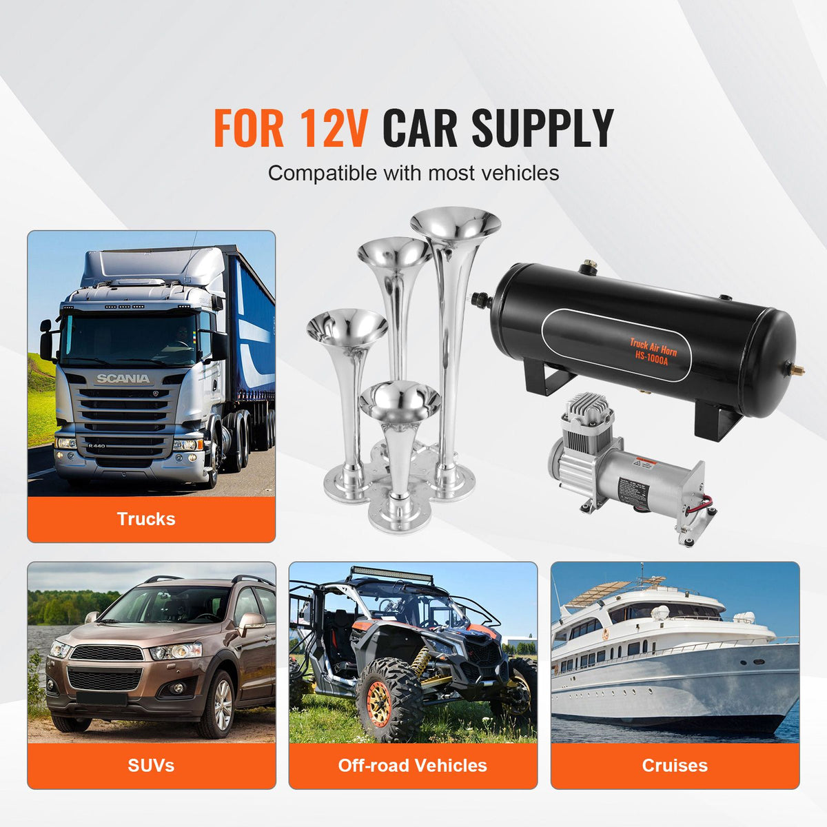 Train Horns Kit, 4 Trumpet Air Horn Kit, 150dB Train Horns for Pickup Trucks, 12V 160 psi Air Compressor 2.6 Gal/10 L Tank with Gauge for Any 12V Vehicle Car Truck Train Van Boat