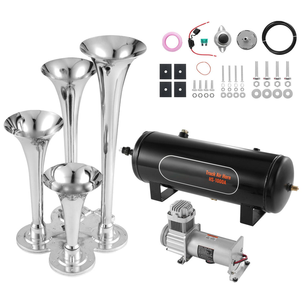 Train Horns Kit, 4 Trumpet Air Horn Kit, 150dB Train Horns for Pickup Trucks, 12V 160 psi Air Compressor 2.6 Gal/10 L Tank with Gauge for Any 12V Vehicle Car Truck Train Van Boat