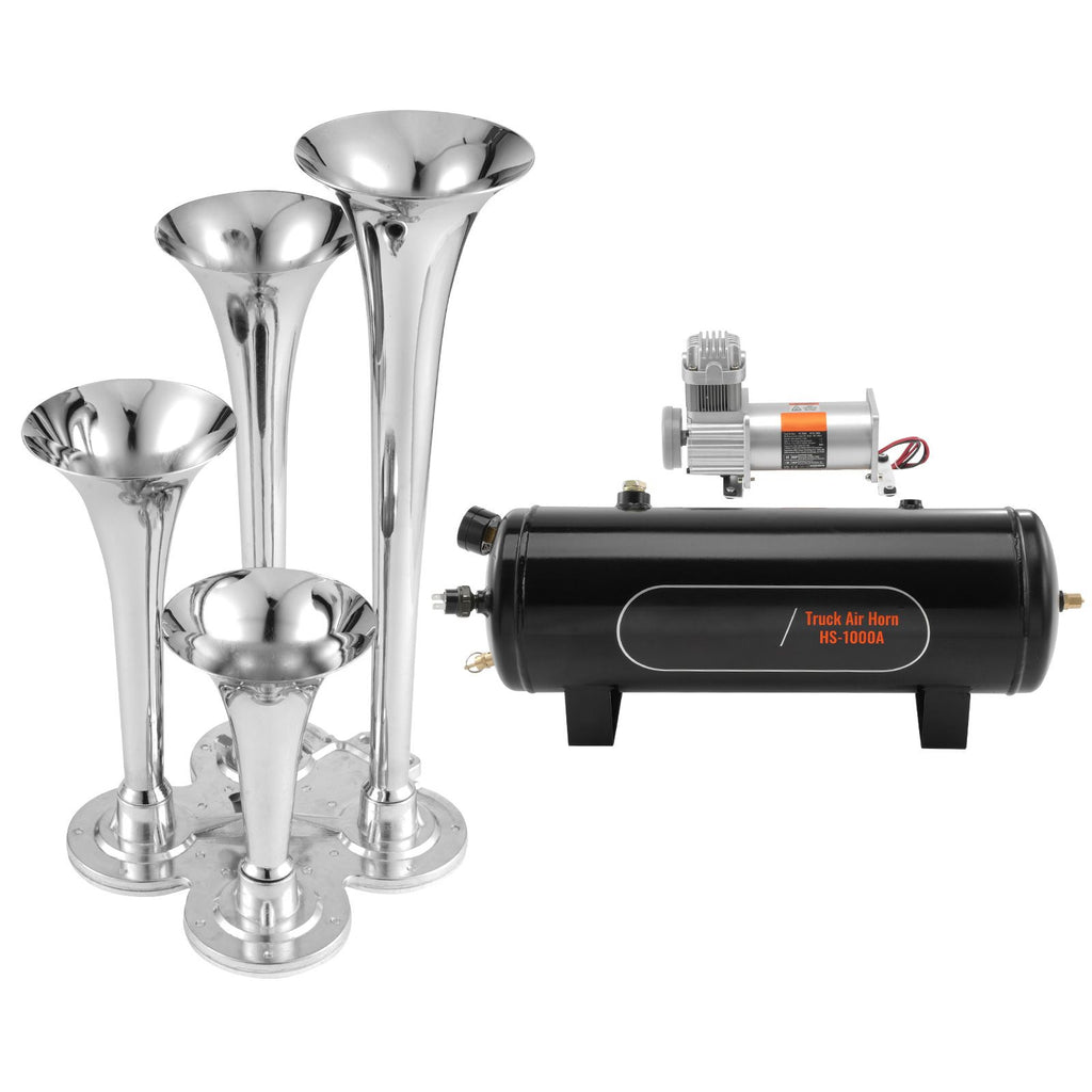 Train Horns Kit, 4 Trumpet Air Horn Kit, 150dB Train Horns for Pickup Trucks, 12V 160 psi Air Compressor 2.6 Gal/10 L Tank with Gauge for Any 12V Vehicle Car Truck Train Van Boat