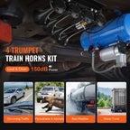 Train Horns Kit, 4 Trumpet Air Horn Kit, 150dB Train Horns for Pickup Trucks, 12V 120 psi Air Compressor 1.6 Gal/6 L Tank with Gauge for Any 12V Vehicle Car Truck Train Van Boat