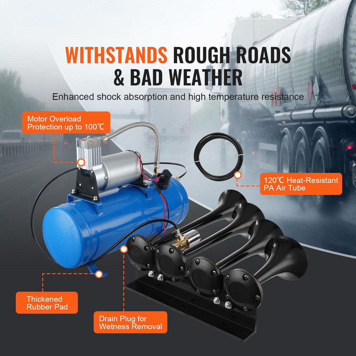 Train Horns Kit, 4 Trumpet Air Horn Kit, 150dB Train Horns for Pickup Trucks, 12V 120 psi Air Compressor 1.6 Gal/6 L Tank with Gauge for Any 12V Vehicle Car Truck Train Van Boat