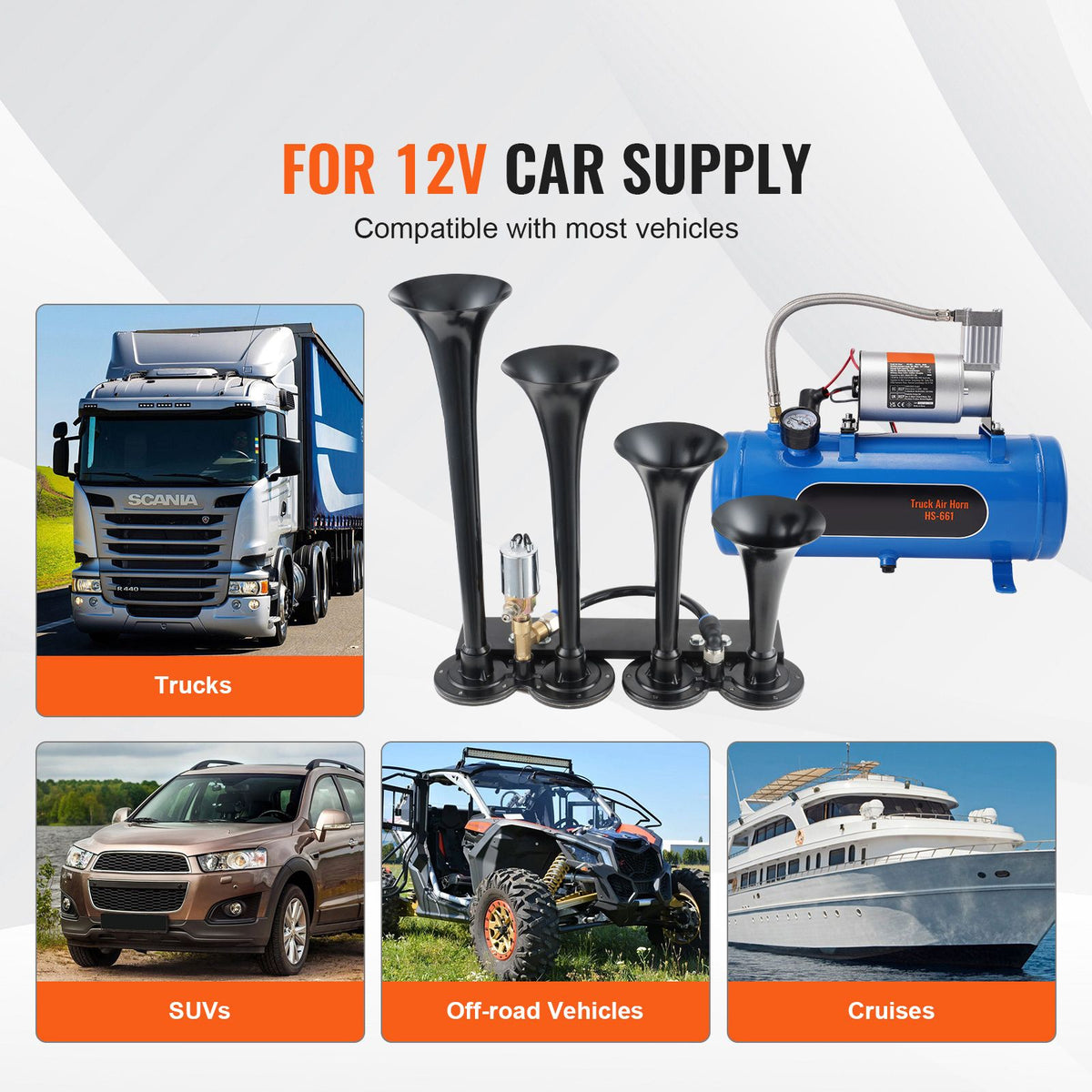 Train Horns Kit, 4 Trumpet Air Horn Kit, 150dB Train Horns for Pickup Trucks, 12V 120 psi Air Compressor 1.6 Gal/6 L Tank with Gauge for Any 12V Vehicle Car Truck Train Van Boat