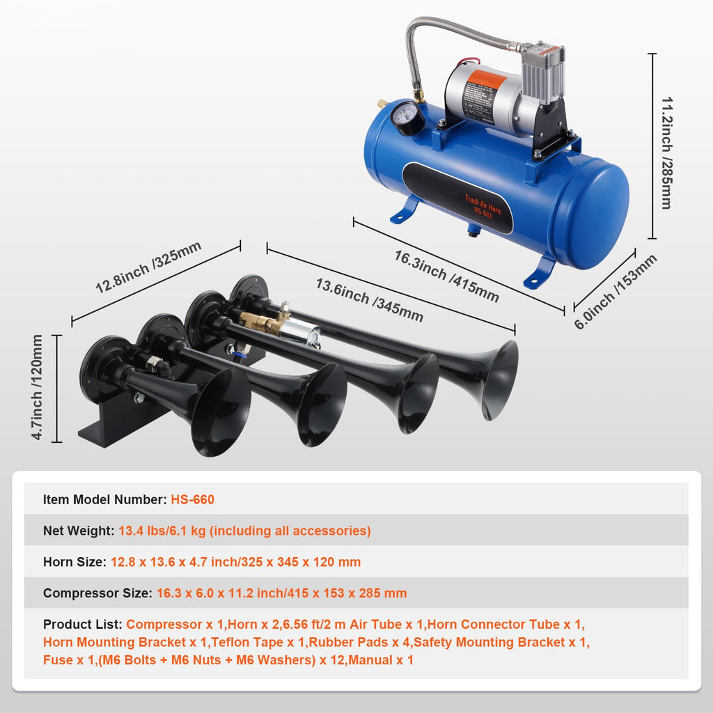 Train Horns Kit, 4 Trumpet Air Horn Kit, 150dB Train Horns for Pickup Trucks, 12V 120 psi Air Compressor 1.6 Gal/6 L Tank with Gauge for Any 12V Vehicle Car Truck Train Van Boat