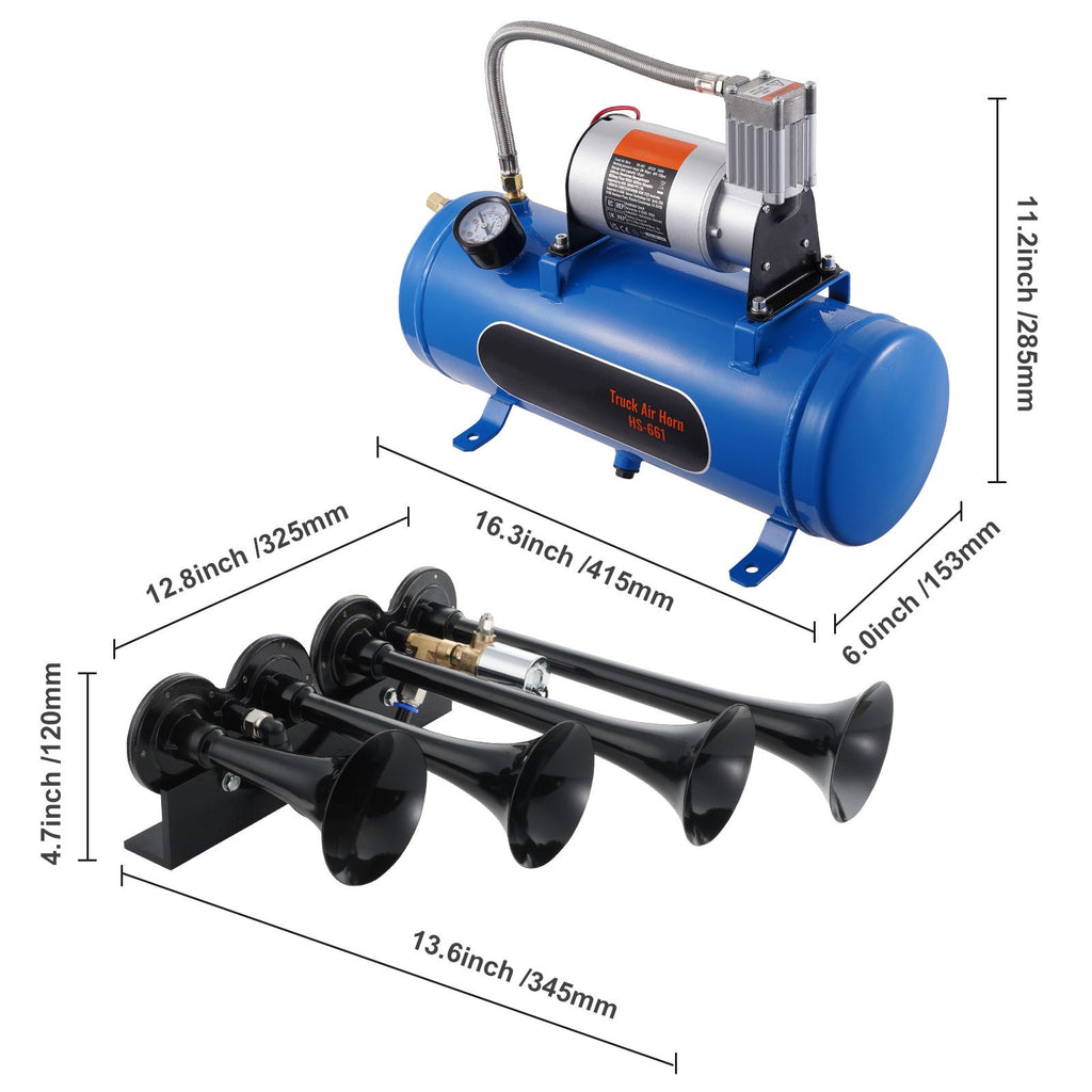 Train Horns Kit, 4 Trumpet Air Horn Kit, 150dB Train Horns for Pickup Trucks, 12V 120 psi Air Compressor 1.6 Gal/6 L Tank with Gauge for Any 12V Vehicle Car Truck Train Van Boat
