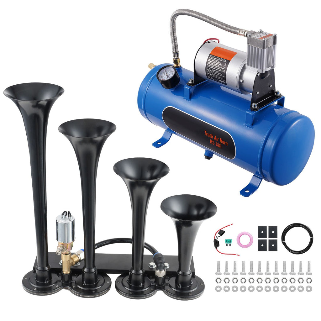 Train Horns Kit, 4 Trumpet Air Horn Kit, 150dB Train Horns for Pickup Trucks, 12V 120 psi Air Compressor 1.6 Gal/6 L Tank with Gauge for Any 12V Vehicle Car Truck Train Van Boat