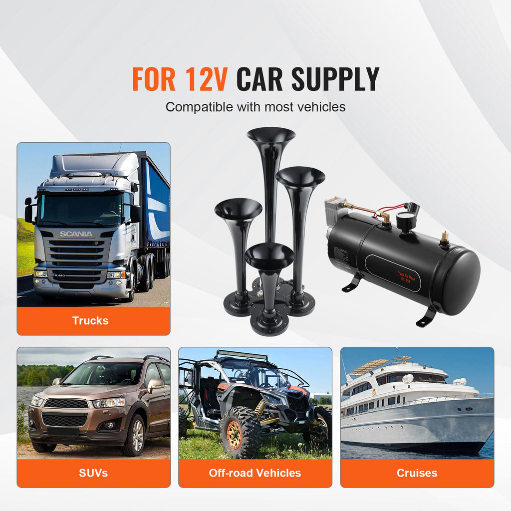 Train Horns Kit, 4 Trumpet Air Horn Kit, 150dB Train Horns for Pickup Trucks, 12V 120 psi Air Compressor 0.8 Gal/3 L Tank with Gauge for Any 12V Vehicle Car Truck Train Van Boat