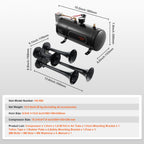 Train Horns Kit, 4 Trumpet Air Horn Kit, 150dB Train Horns for Pickup Trucks, 12V 120 psi Air Compressor 0.8 Gal/3 L Tank with Gauge for Any 12V Vehicle Car Truck Train Van Boat