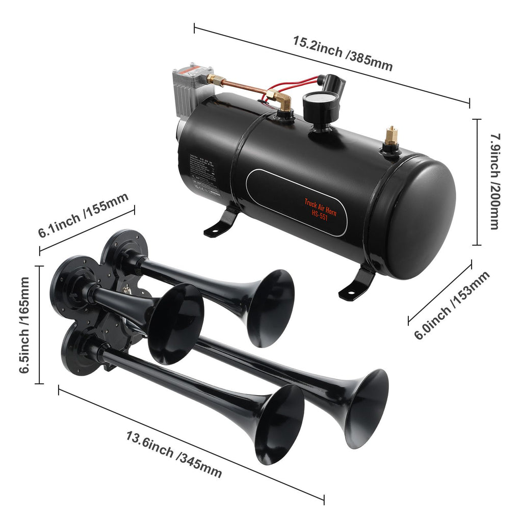 Train Horns Kit, 4 Trumpet Air Horn Kit, 150dB Train Horns for Pickup Trucks, 12V 120 psi Air Compressor 0.8 Gal/3 L Tank with Gauge for Any 12V Vehicle Car Truck Train Van Boat