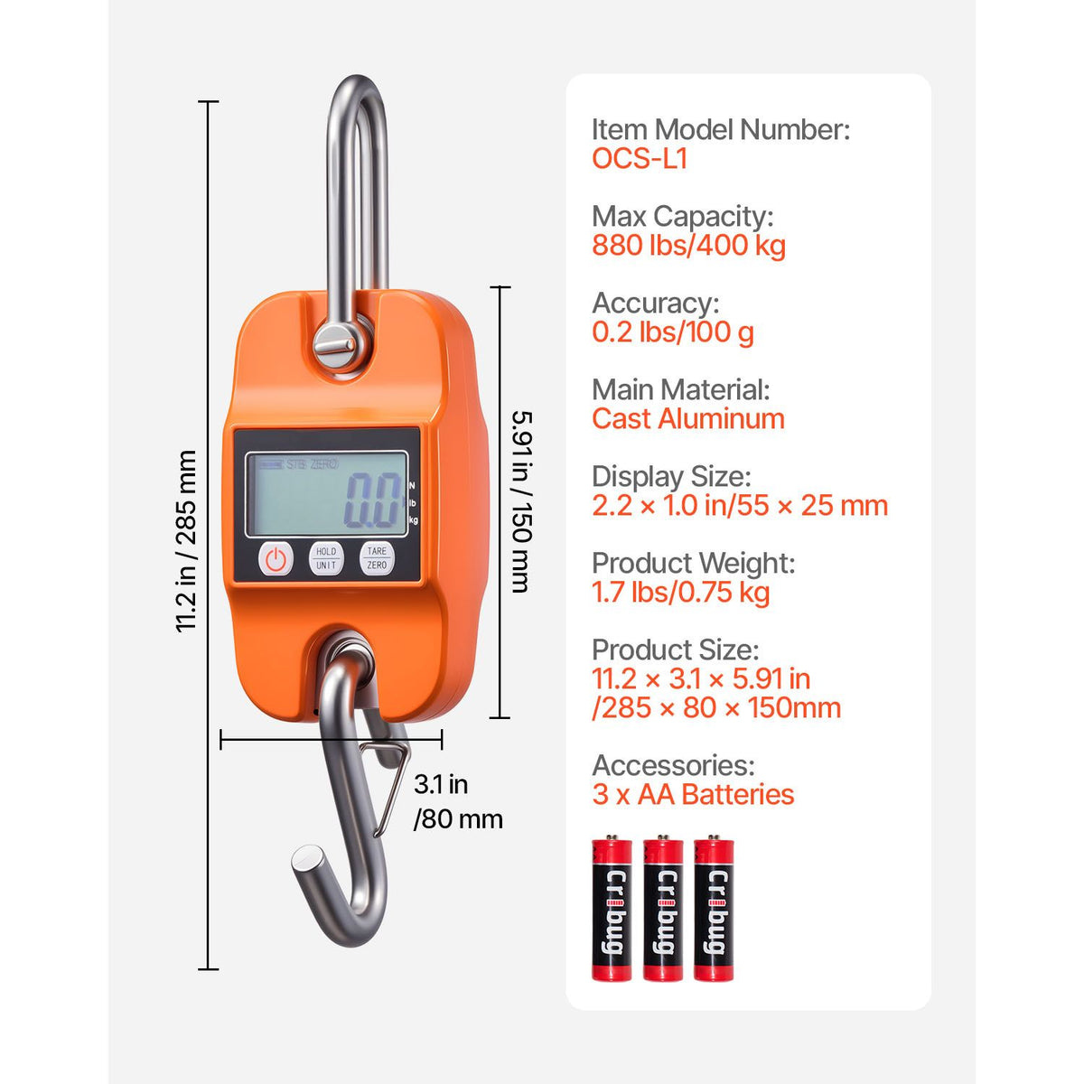 Digital Crane Scale, 880 lbs/400 kg Max Capacity, Handheld Hanging Scale with Cast Aluminum Case & LCD Display, 100 g Division & 3 Unit Switch, Auto-Off Setting for Farm Hunting Fishing, Orange