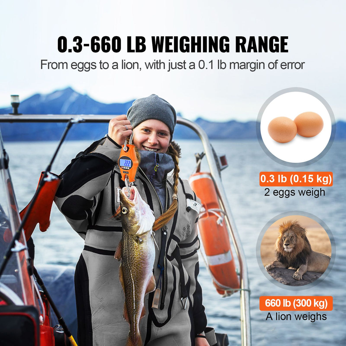 Digital Crane Scale, 660 lbs/300 kg, Industrial Heavy Duty Hanging Scale with Cast Aluminum Case & LCD Screen, Handheld Mini Crane with Hooks for Farm, Hunting, Fishing, Outdoor, Garage (Orange)