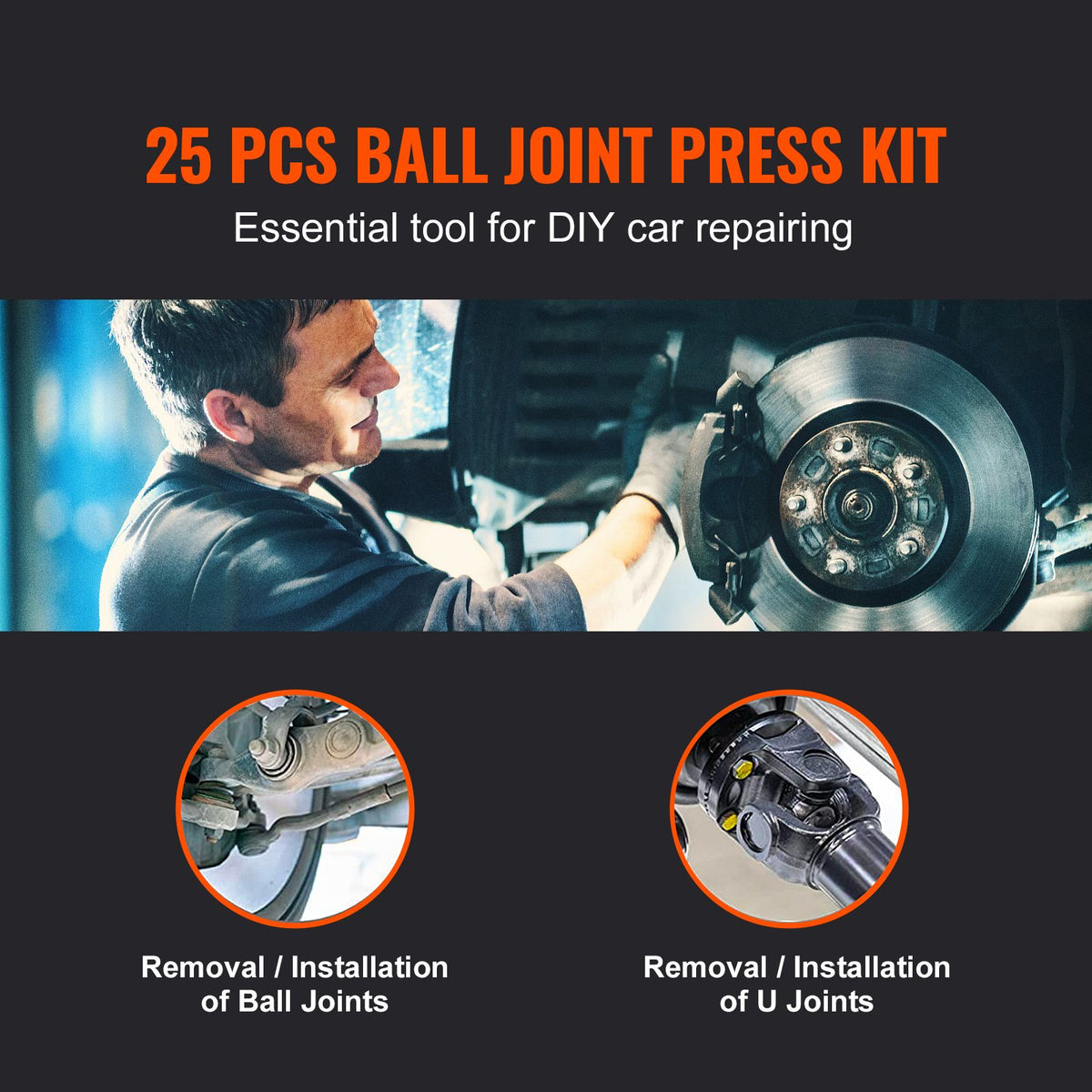 Ball Joint Press Kit, 25 pcsTool Kit, C-press Ball joint Remove and Install Tools, for Most 2WD and 4WD Cars, Heavy Duty Ball Joint Repair Kit for Automotive Repairing