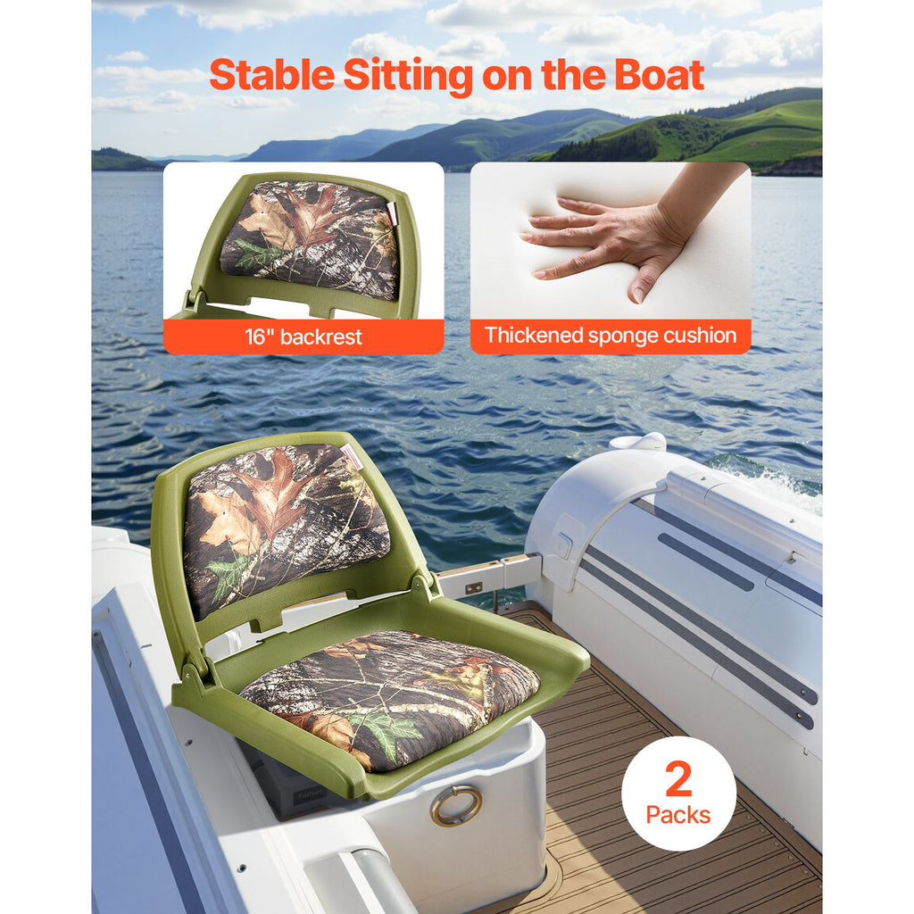 Boat Seat, Low Backrest, Folding Fishing Boat Seat with Thickened Sponge Cushion & PU Polyester Fabric, Strong PP Frame, Flip Up Boat Seat for Fishing Boats, Yachts, Ships, Camouflage Color