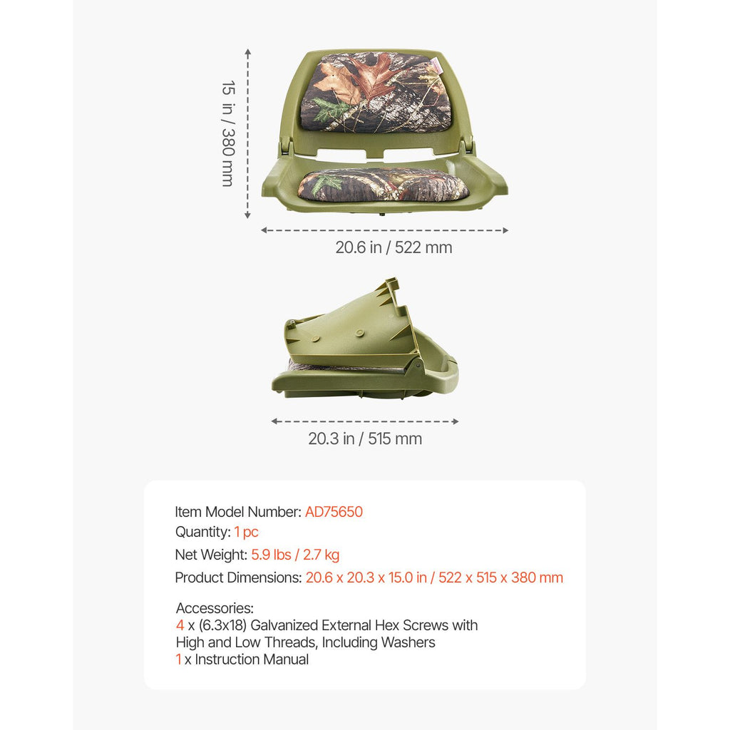 Boat Seat, Low Backrest, Folding Fishing Boat Seat with Thickened Sponge Cushion & PU Polyester Fabric, Strong PP Frame, Flip Up Boat Seat for Fishing Boats, Yachts, Ships, Camouflage Color