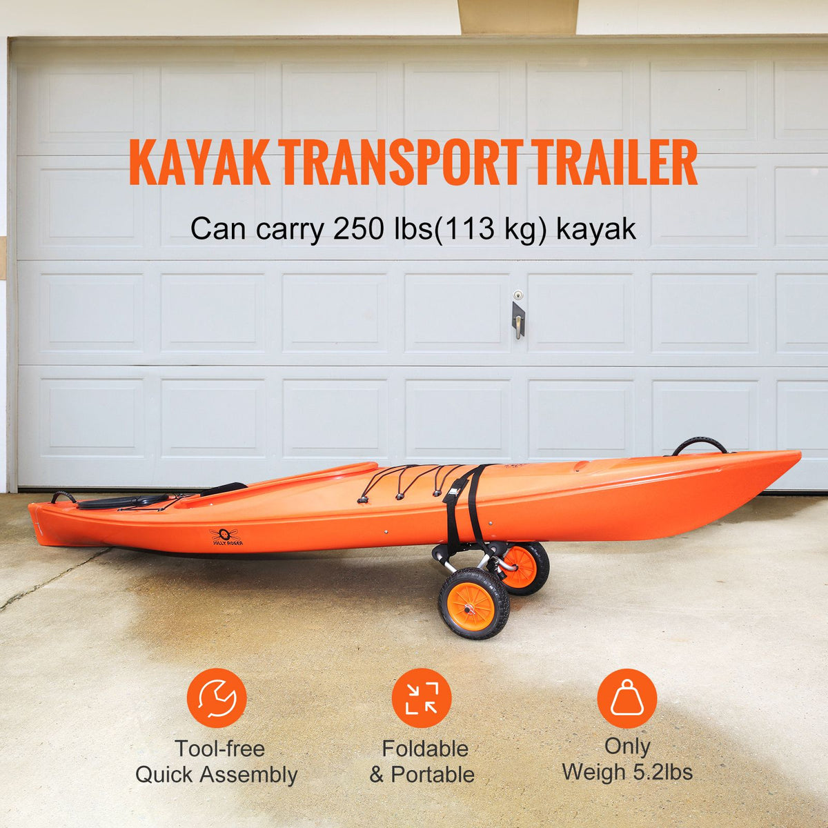 Foldable Kayak Cart Canoe Boat Carrier 250lbs Load with 10'' Solid Tires