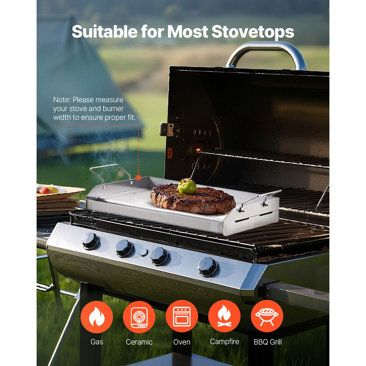 Stainless Steel Griddle, 17x13 inch Universal Flat Top Rectangular Plate, Gas Grill Griddle for BBQ Grill, Teppanyaki, Portable Family Cookware with Handle, for Camping Tailgating Party