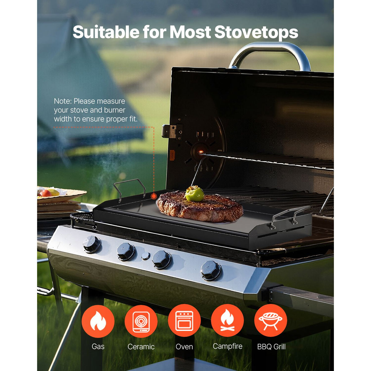 Carbon Steel Griddle, 24x16 inch Universal Flat Top Rectangular Plate, Gas Grill Griddle for BBQ Grill, Teppanyaki, Portable Family Cookware with Handle, for Camping Tailgating Party