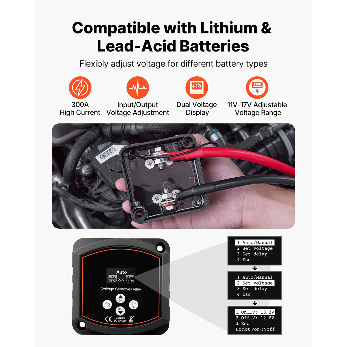 Dual Battery Isolator, 12V 300 Amp, Manual and Automatic VSR Voltage Sensitive Relay with LCD Screen, Smart Battery Isolator for Lithium & Lead-Acid Batteries, for Car Truck RV UTV ATV Boat