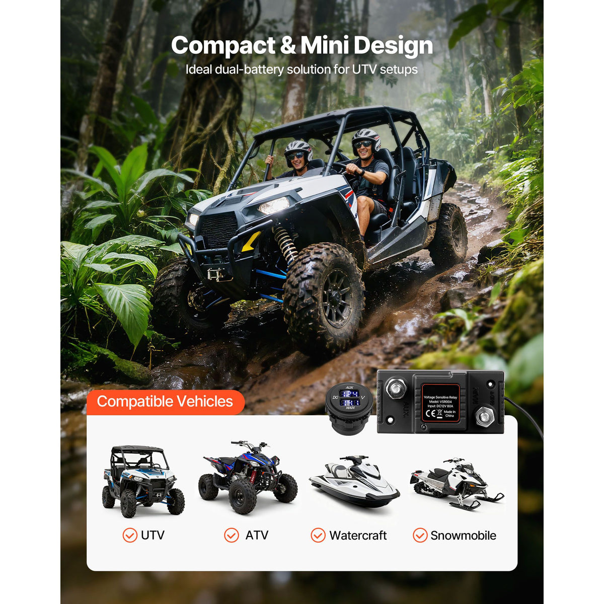 Dual Battery Isolator Kit, 12V 80 Amp, Manual and Automatic VSR Voltage Sensitive Relay with Voltmeter, LCD Screen, Smart Battery Isolator, Compatible with Lead-Acid Batteries, for UTV, ATV