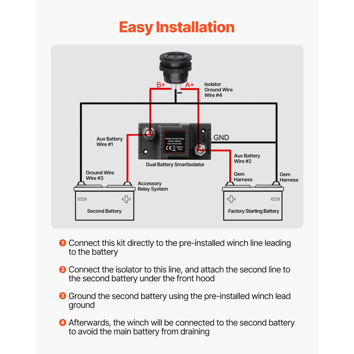 Dual Battery Isolator Kit, 12V 80 Amp, Manual and Automatic VSR Voltage Sensitive Relay with Voltmeter, LCD Screen, Smart Battery Isolator, Compatible with Lead-Acid Batteries, for UTV, ATV