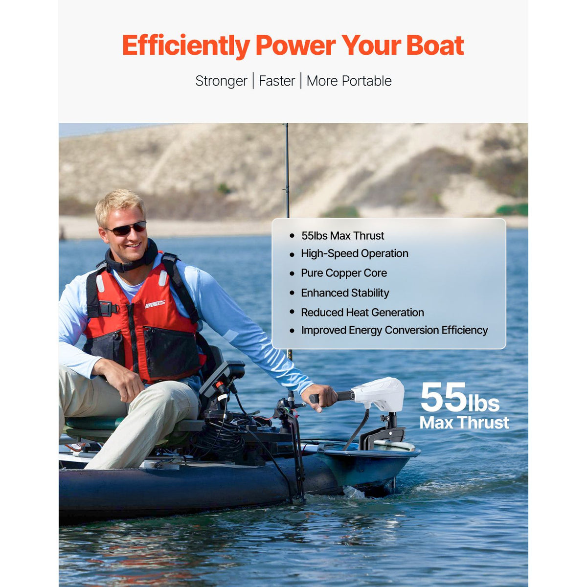 Electric Trolling Motor, Transom Mounted Outboard Boat Motors 12V 55lbs Thrust, 8-Speed Electric Boat Engine w/ Battery Indicator, for Kayaks, Fishing Boats on Freshwater/Saltwater, 30-In Shaft