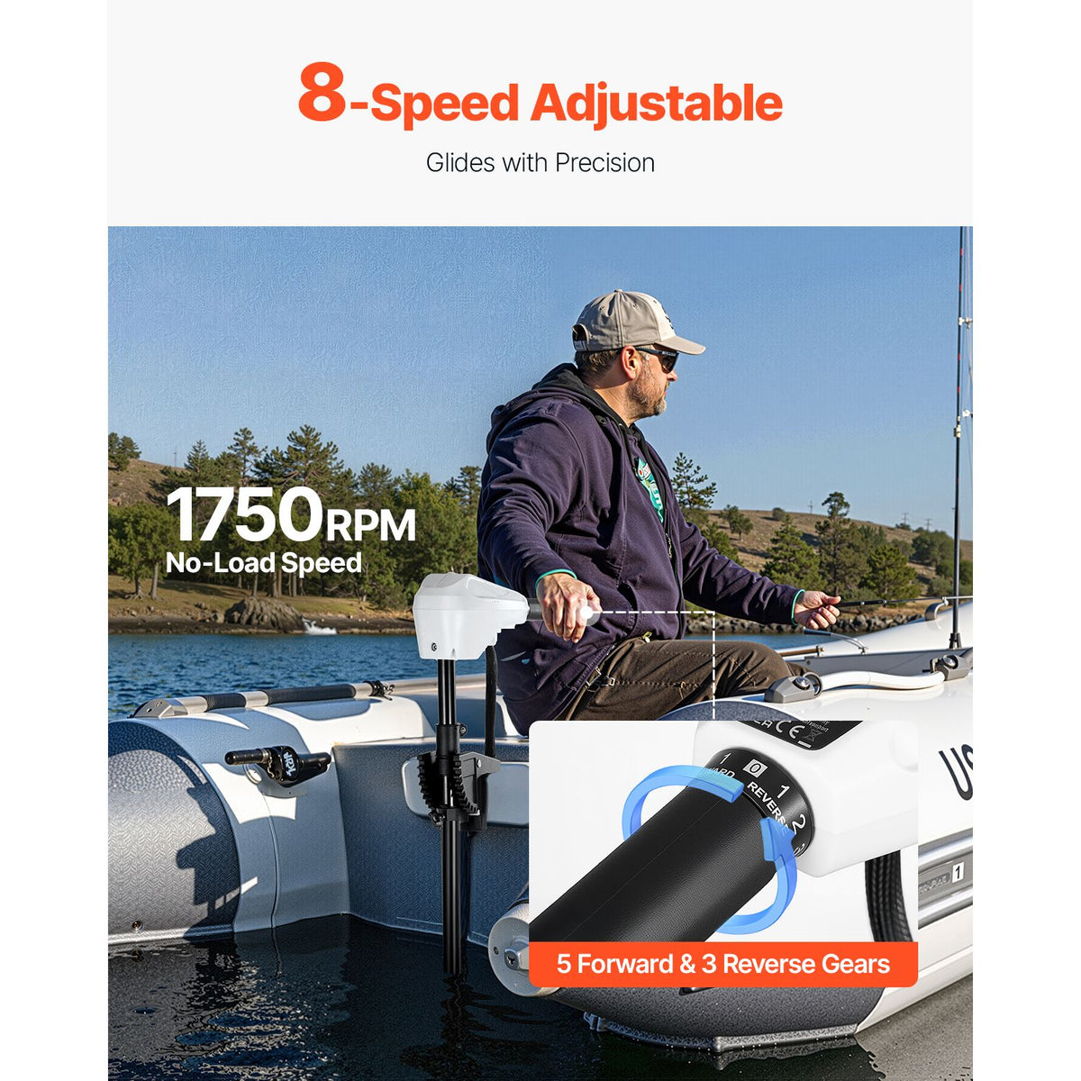 Electric Trolling Motor, Transom Mounted Outboard Boat Motors 12V 55lbs Thrust, 8-Speed Electric Boat Engine w/ Battery Indicator, for Kayaks, Fishing Boats on Freshwater/Saltwater, 30-In Shaft