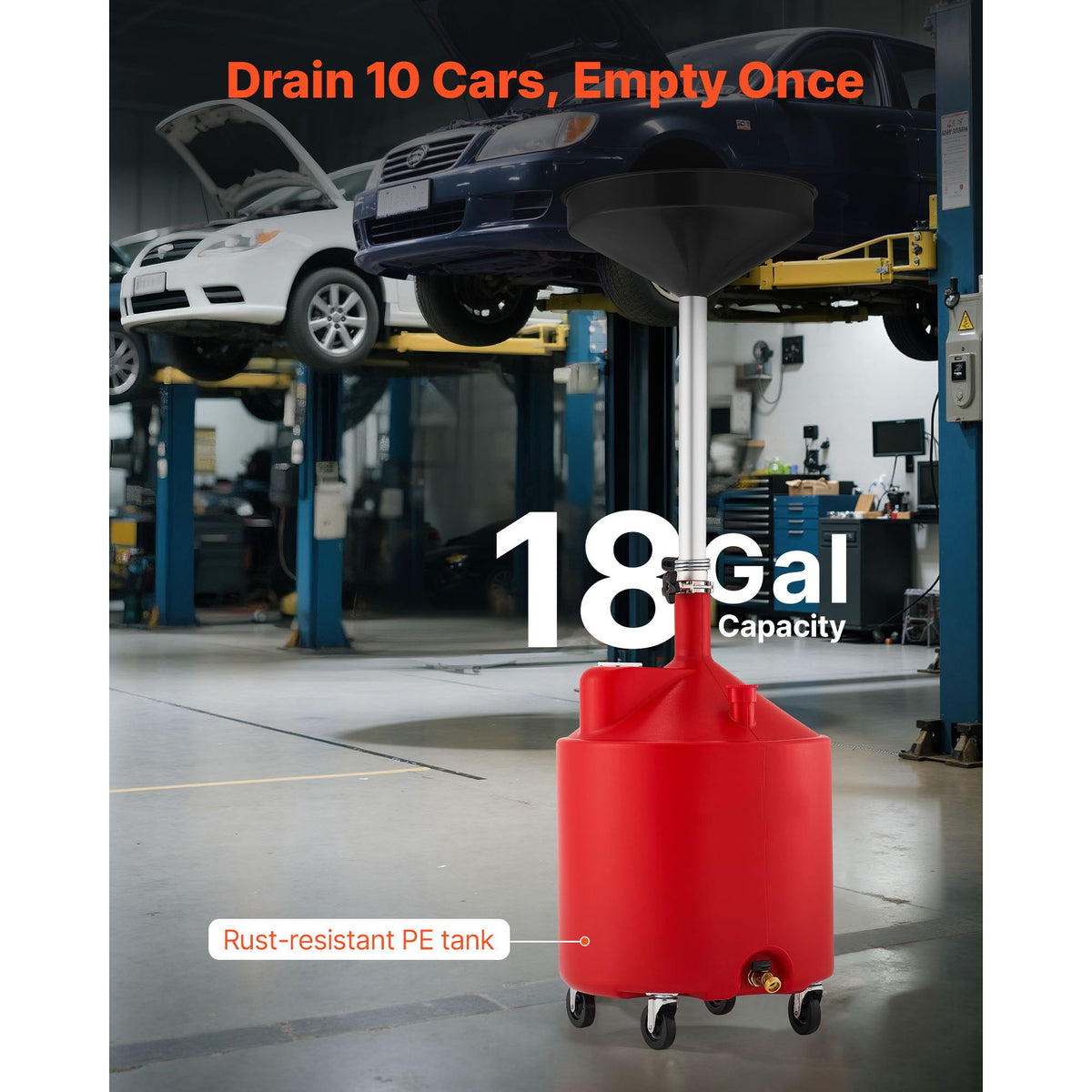 68L Waste Oil Drain Tank, Industrial Fluid Drain Tank with Adjustable Funnel Height, Portable Oil Drainer with Wheels, Fluid Fuel Transfer Drainage for Auto Repair Shops, Garages, Red