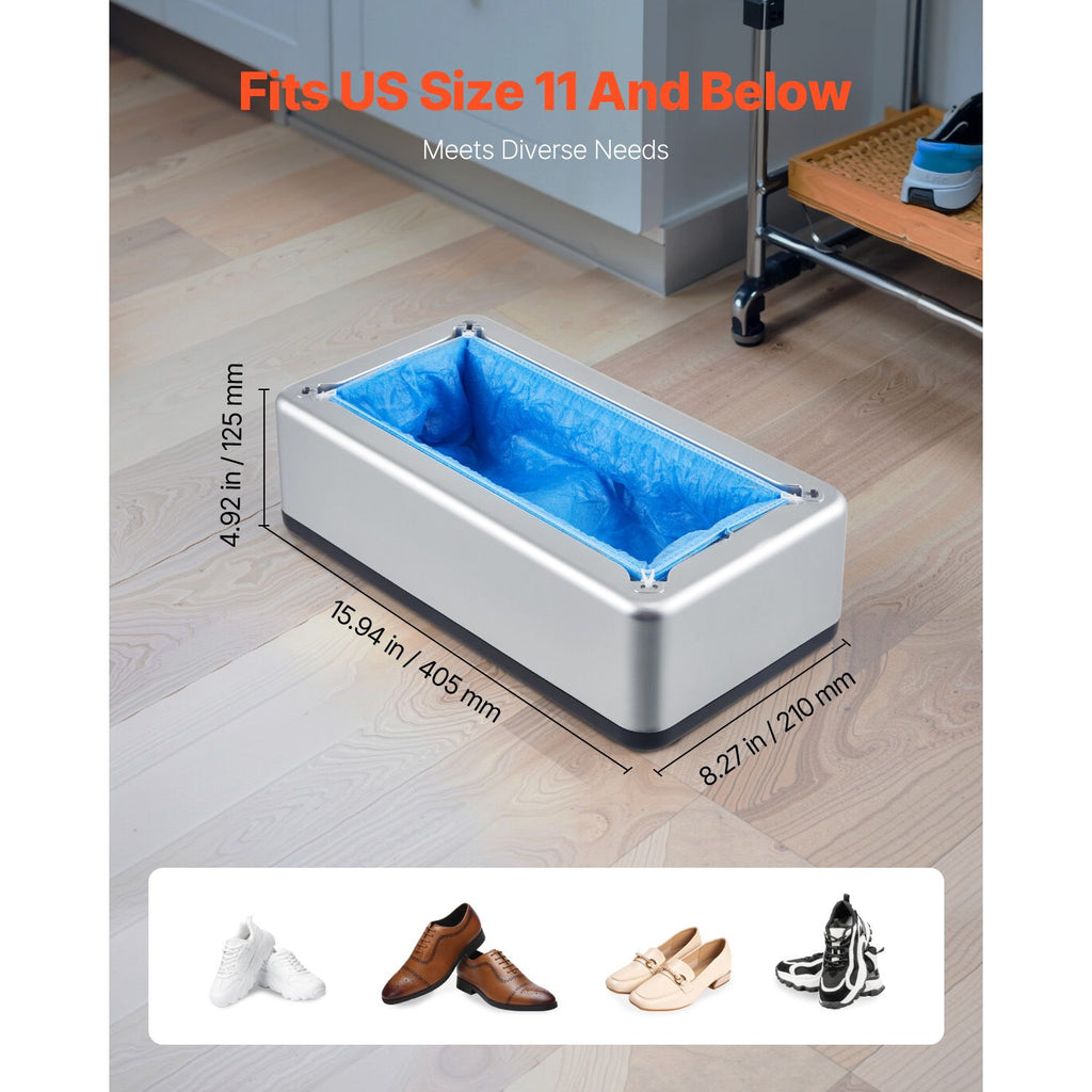 Shoe Cover Dispenser, Automatic Shoe Covers Dispenser with 100 Pcs of Non-Slip Disposable Shoes Covers, Fits Size Up to US 11, for Home, Office, Lab, Factory, Hospital, Indoor Use, Silver