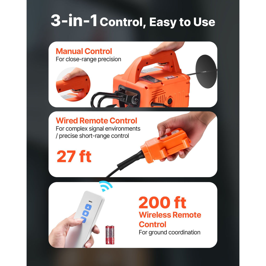 3-in-1 Electric Hoist Winch, 500 kg Capacity, 1500W Portable Electric Power Winch, 7.6 m Lifting Height, 5 m/min with Manual, Wired & Wireless Remote Control for Factory, Warehouss, Garage