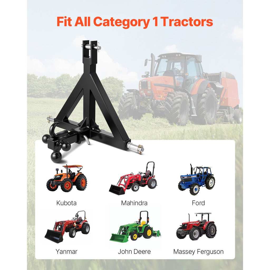 3 Point Trailer Hitch 2 in Receiver, 3pt Quick Hitch Attachment with 3 Trailer Balls, Tractor Tow Drawbar Adapter, Compatible with Kubota, Mahindra, Ford, Yanmar, John Deere, Massey Ferguson