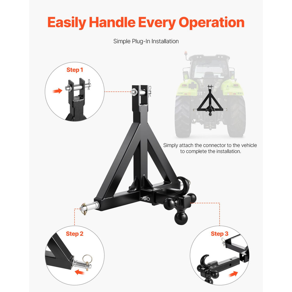 3 Point Trailer Hitch 2 in Receiver, 3pt Quick Hitch Attachment with 3 Trailer Balls, Tractor Tow Drawbar Adapter, Compatible with Kubota, Mahindra, Ford, Yanmar, John Deere, Massey Ferguson