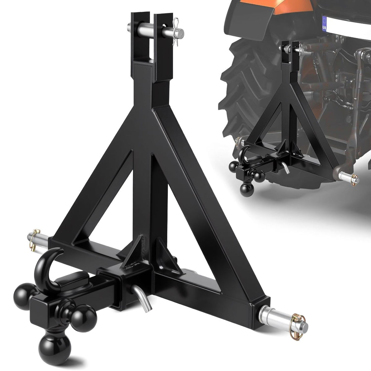 3 Point Trailer Hitch 2 in Receiver, 3pt Quick Hitch Attachment with 3 Trailer Balls, Tractor Tow Drawbar Adapter, Compatible with Kubota, Mahindra, Ford, Yanmar, John Deere, Massey Ferguson