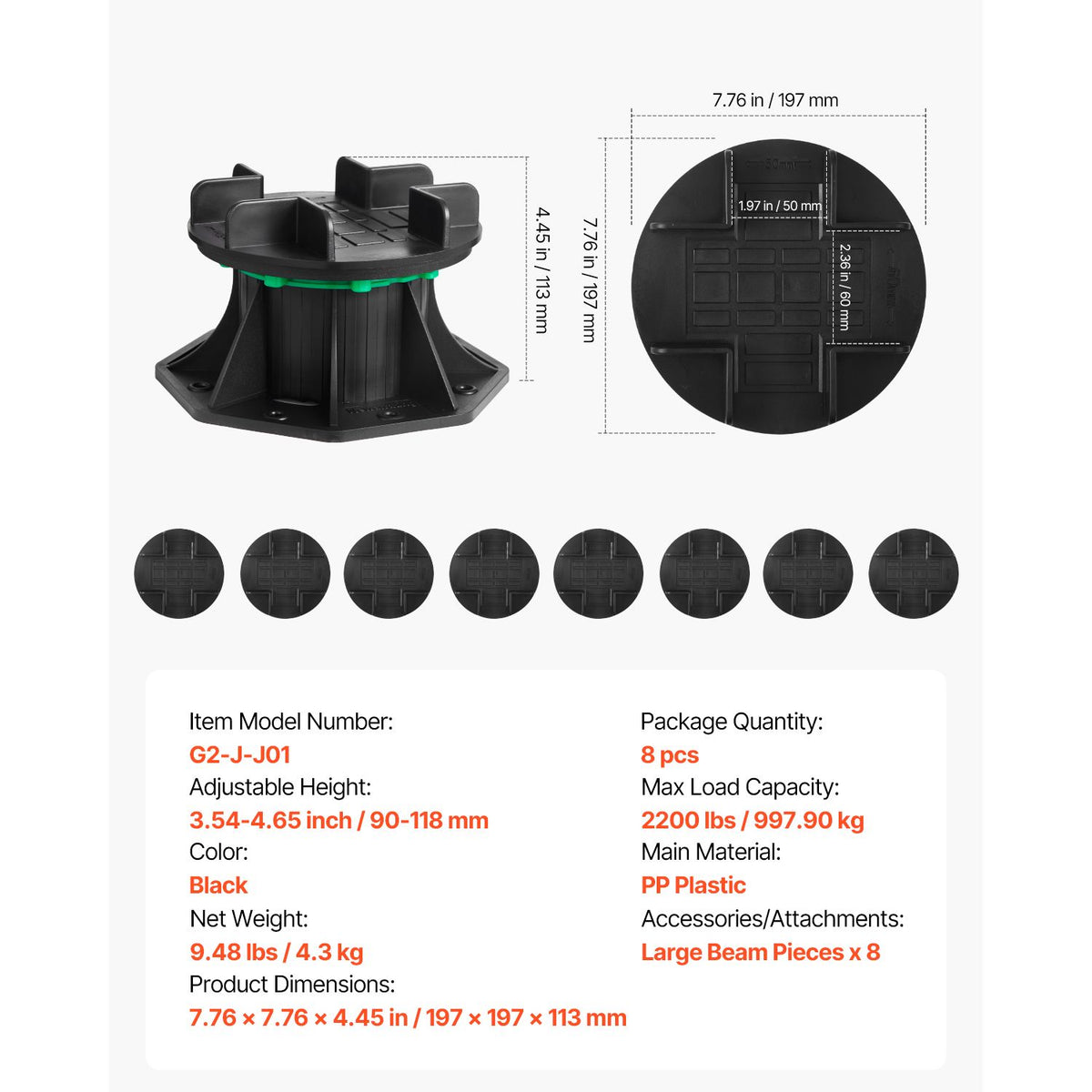 Deck Blocks 8 PCS, 2200 lbs / 997.90 kg Load Capacity Deck Support Plastic Pedestal Paver, Raising 3.54 - 4.65 inch / 90 - 118 mm, Height Adjustable Shed Foundation Base for Wood Concrete Metal