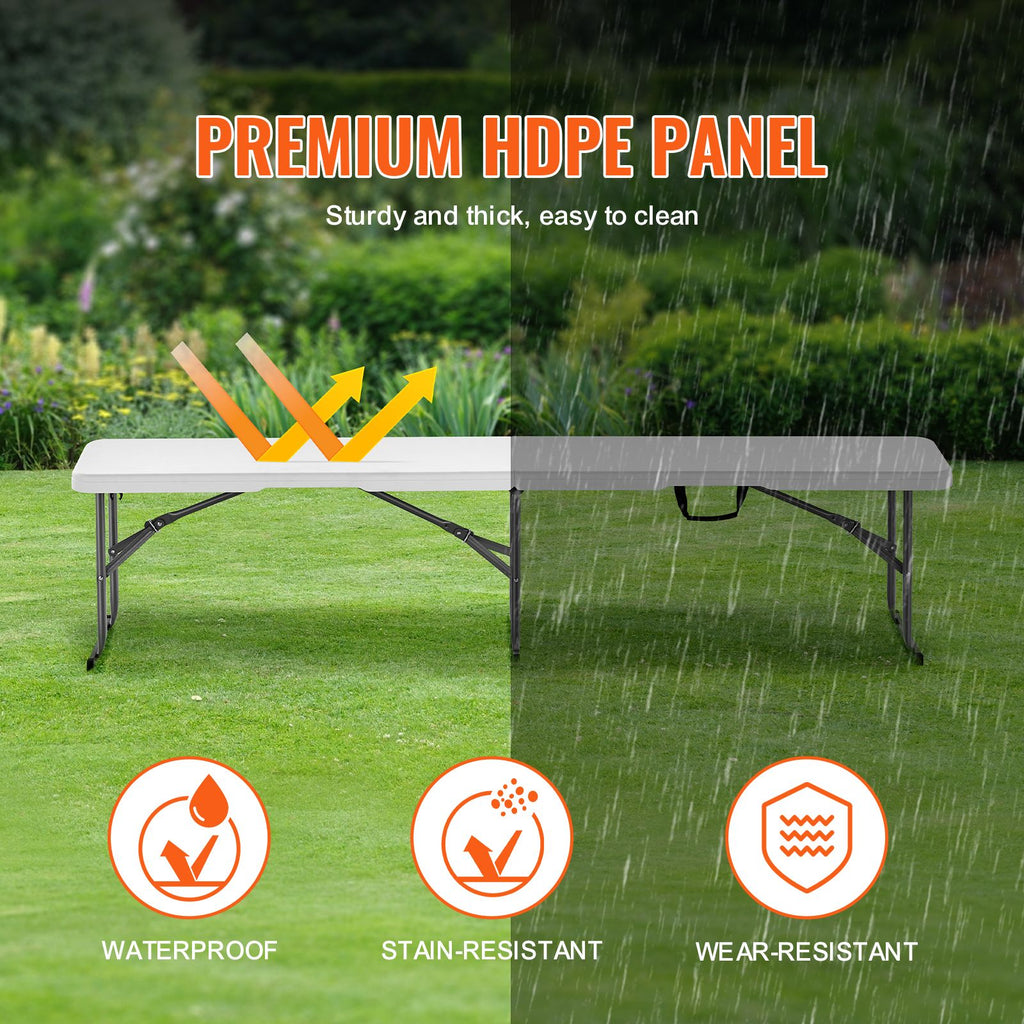 Plastic Folding Bench, 6 ft Portable Bench for Indoor/Outdoor Picnic Party Patio Camping Dining, Foldable Smooth HDPE Seat for Garden Soccer Multipurpose Entertaining Activities, 2 Pack, White