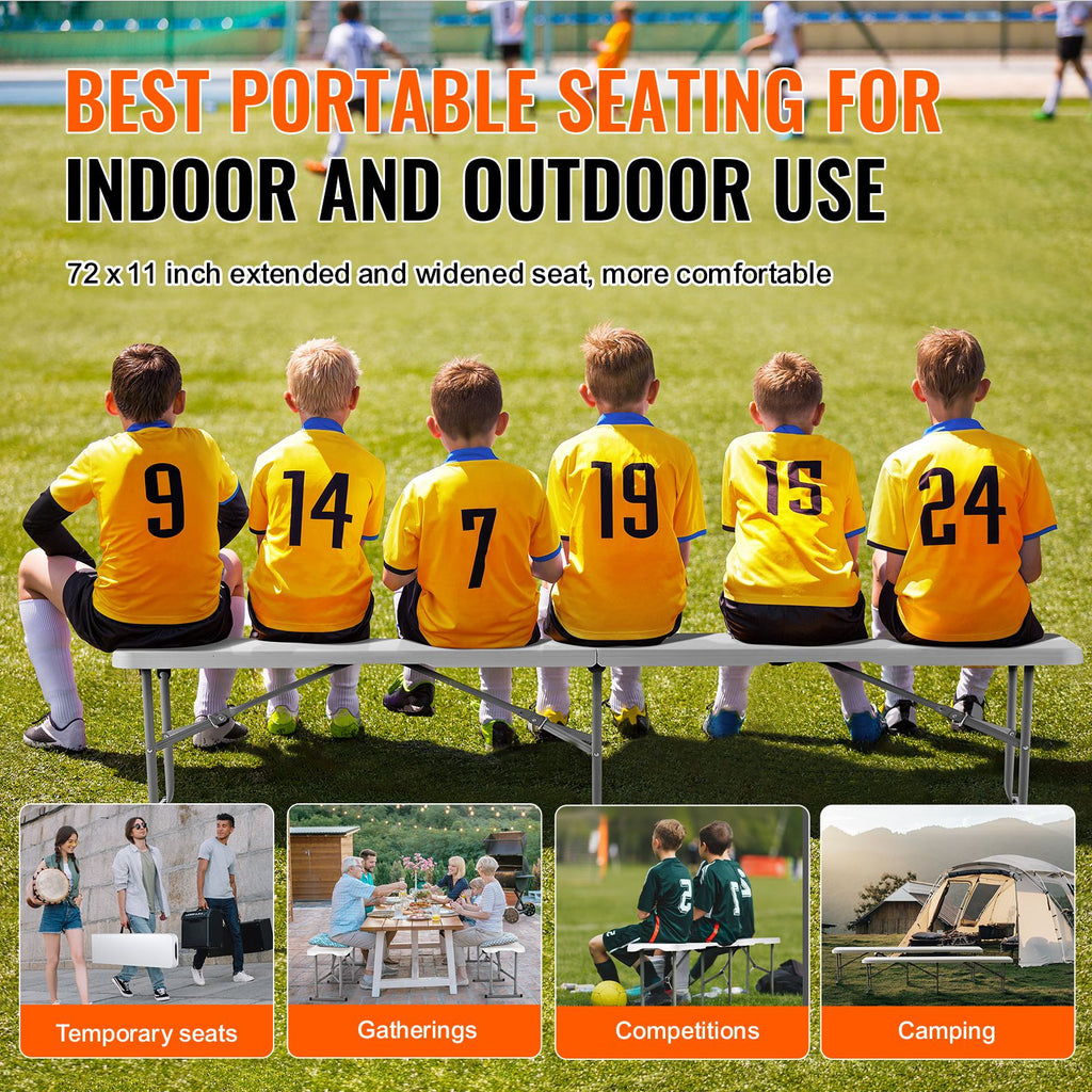 Plastic Folding Bench, 6 ft Portable Bench for Indoor/Outdoor Picnic Party Patio Camping Dining, Foldable Smooth HDPE Seat for Garden Soccer Multipurpose Entertaining Activities, 2 Pack, White