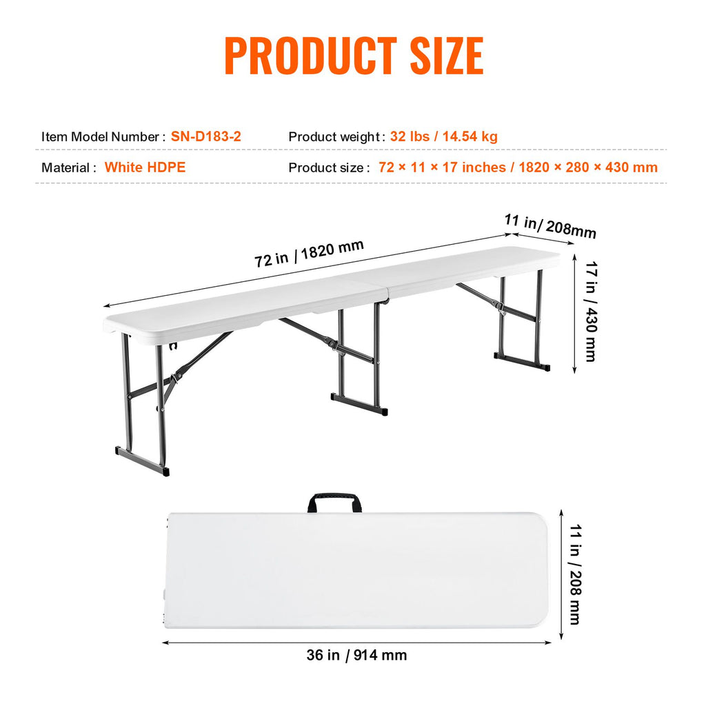 Plastic Folding Bench, 6 ft Portable Bench for Indoor/Outdoor Picnic Party Patio Camping Dining, Foldable Smooth HDPE Seat for Garden Soccer Multipurpose Entertaining Activities, 2 Pack, White
