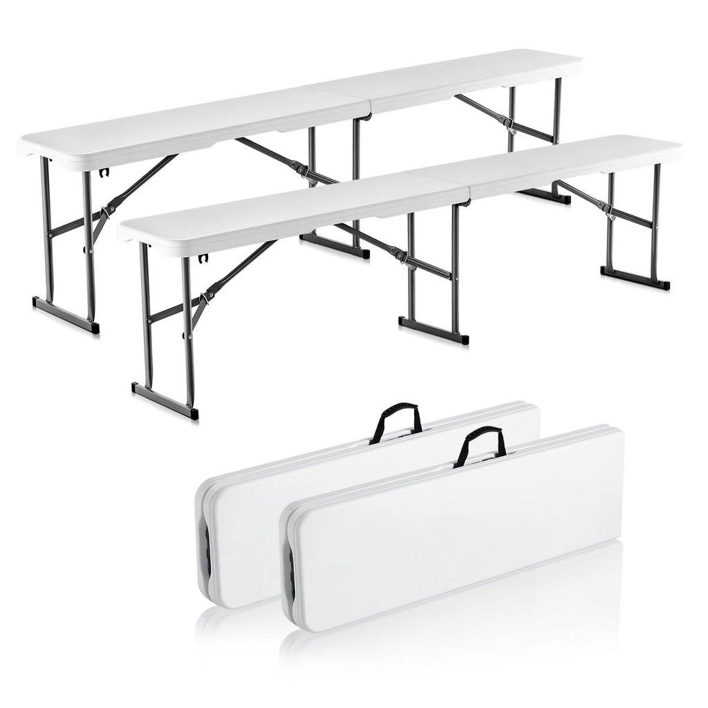 Plastic Folding Bench, 6 ft Portable Bench for Indoor/Outdoor Picnic Party Patio Camping Dining, Foldable Smooth HDPE Seat for Garden Soccer Multipurpose Entertaining Activities, 2 Pack, White