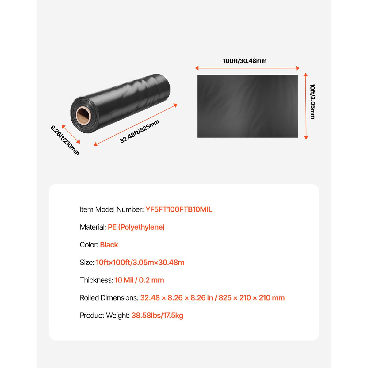 10 Mil Plastic Sheeting Heavy Duty 10' x 100', Thick Plastic Sheeting Roll, Plastic Drop Cloth Painters Tarp, Polyethylene Covering for Crawl Space Vapor Barrier, Multi-Purpose, Black