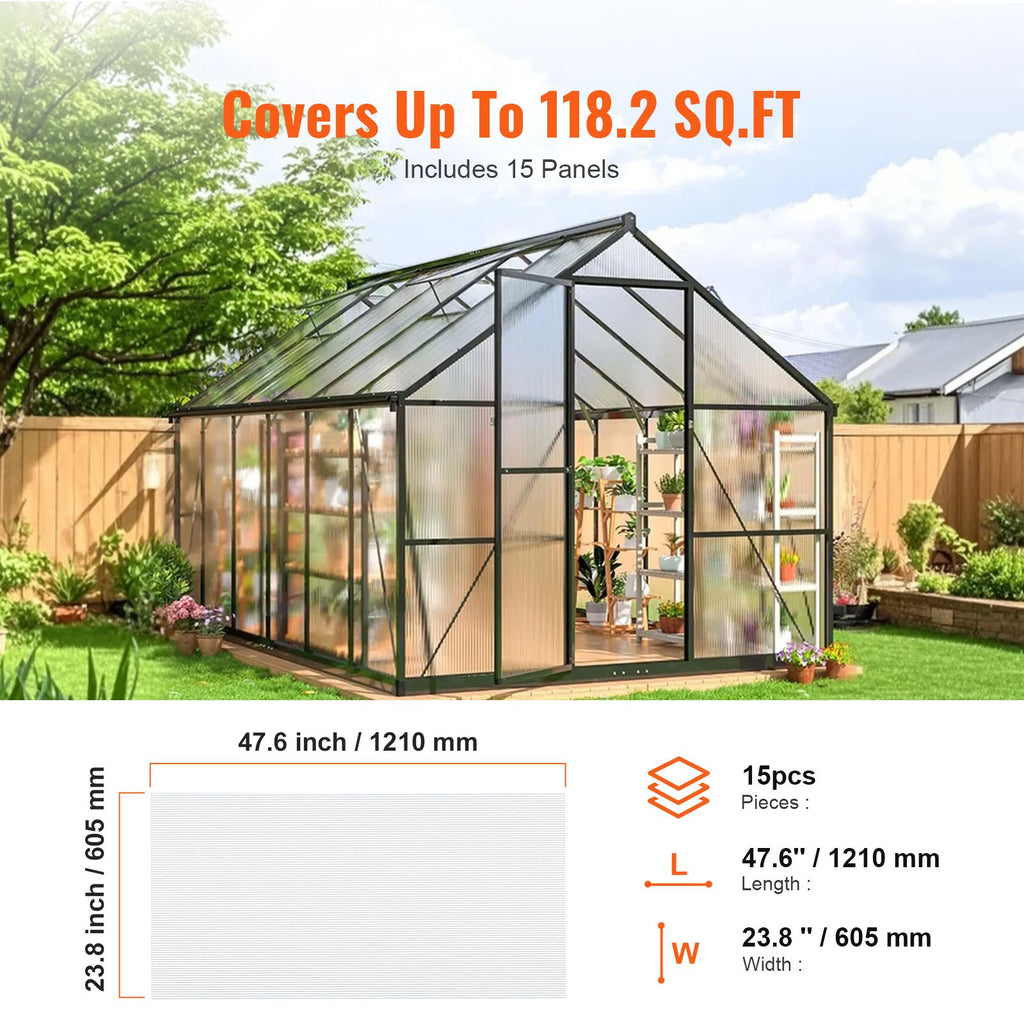 15 Pack Polycarbonate Greenhouse Panels, 2' X 4' X 0.24'' Roof Panels Sheets, Waterproof UV Protected Corrugated Plastic Roofing, Impact Resistance Clear Roofing Sheets for Greenhouse/Garden