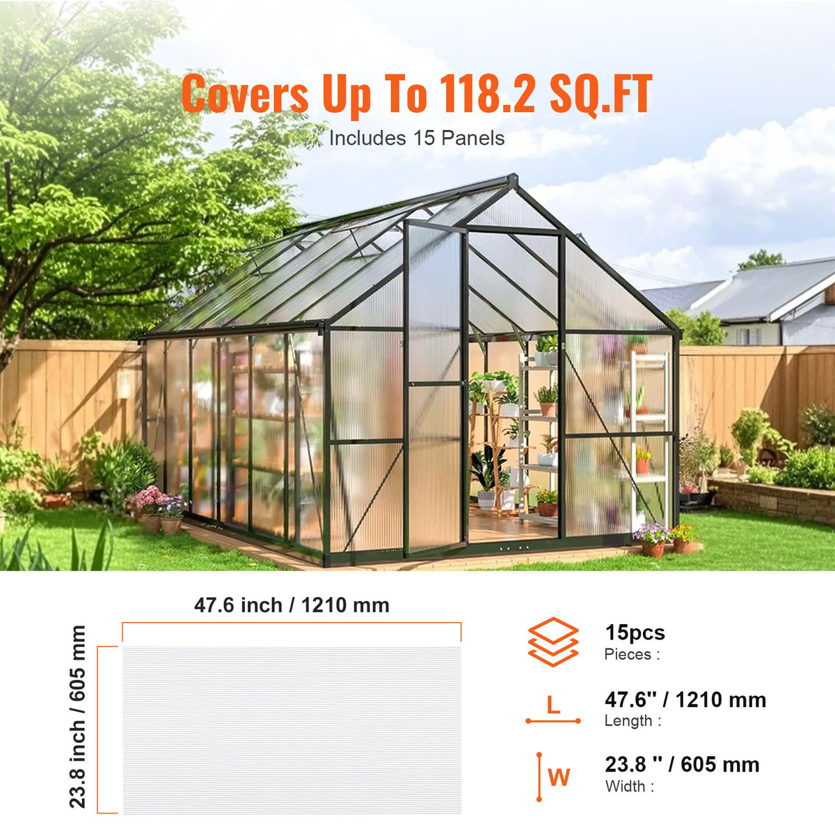 15 Pack Polycarbonate Greenhouse Panels, 2' X 4' X 0.24'' Roof Panels Sheets, Waterproof UV Protected Corrugated Plastic Roofing, Impact Resistance Clear Roofing Sheets for Greenhouse/Garden
