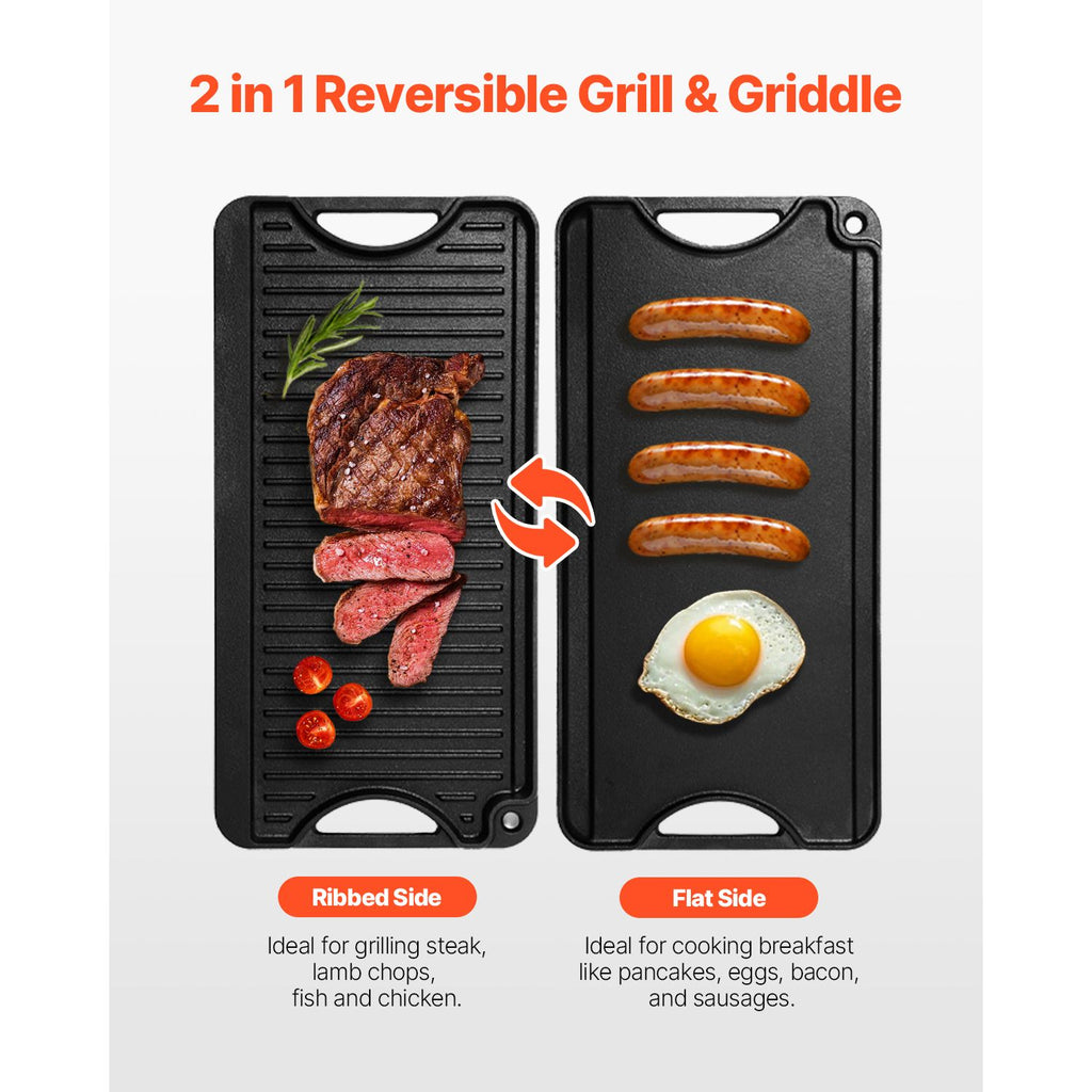 Reversible Grill/Griddle, 20x10 inch Pre-Seasoned Cast Iron Griddle, Portable Rectangular Pan with Handle, Family Cookware for Indoor/Outdoor Stove Top Burner, Gas, Camping BBQ, Black