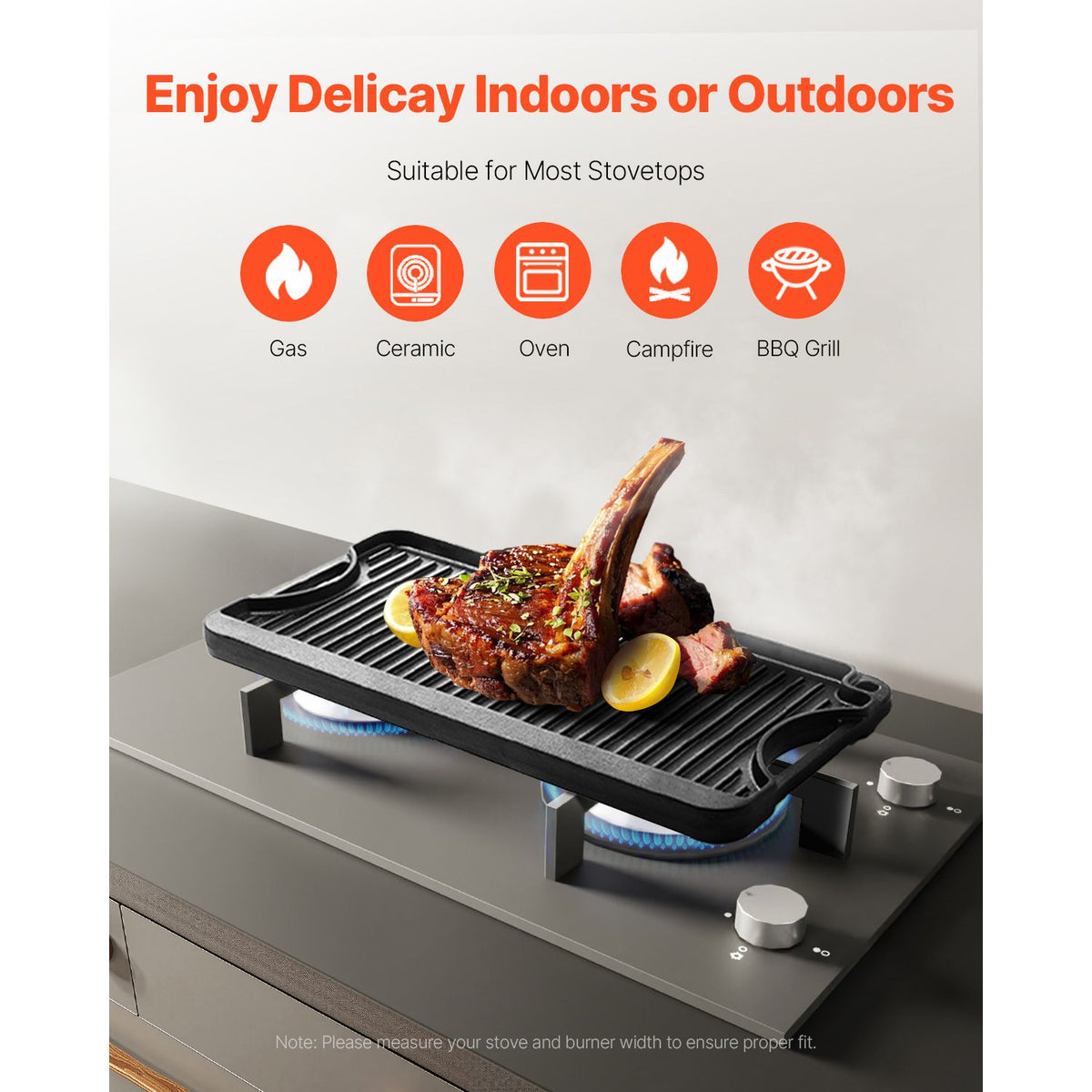 Reversible Grill/Griddle, 20x10 inch Pre-Seasoned Cast Iron Griddle, Portable Rectangular Pan with Handle, Family Cookware for Indoor/Outdoor Stove Top Burner, Gas, Camping BBQ, Black