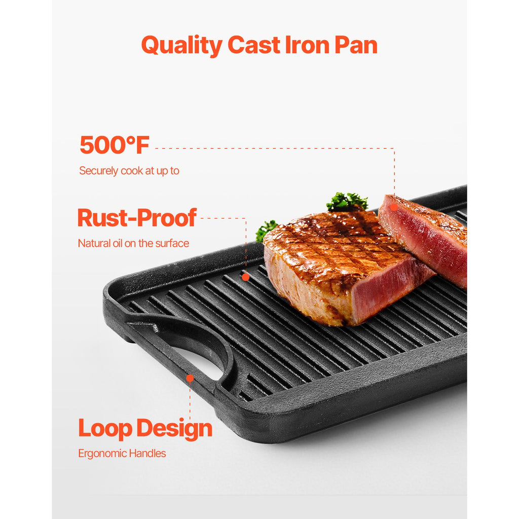 Reversible Grill/Griddle, 20x10 inch Pre-Seasoned Cast Iron Griddle, Portable Rectangular Pan with Handle, Family Cookware for Indoor/Outdoor Stove Top Burner, Gas, Camping BBQ, Black