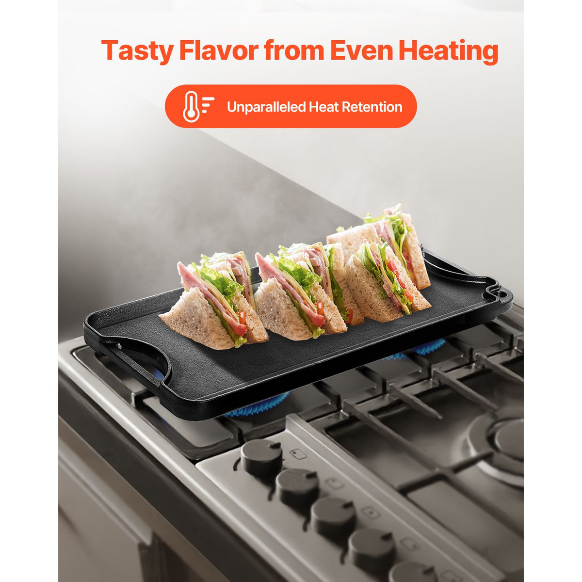 Reversible Grill/Griddle, 20x10 inch Pre-Seasoned Cast Iron Griddle, Portable Rectangular Pan with Handle, Family Cookware for Indoor/Outdoor Stove Top Burner, Gas, Camping BBQ, Black
