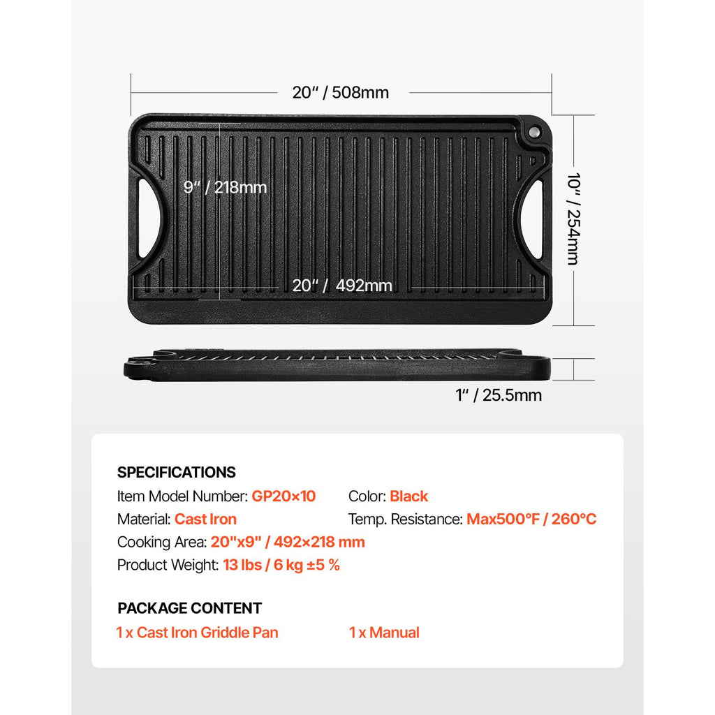 Reversible Grill/Griddle, 20x10 inch Pre-Seasoned Cast Iron Griddle, Portable Rectangular Pan with Handle, Family Cookware for Indoor/Outdoor Stove Top Burner, Gas, Camping BBQ, Black